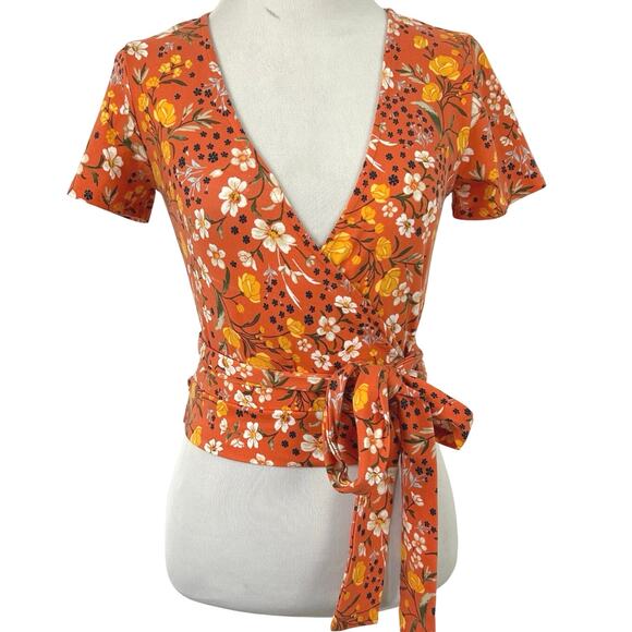 Forever 21 Women Short Sleeve Wrap Top Orange Fall Autumn Halloween Size Medium - Picture 1 of 6
